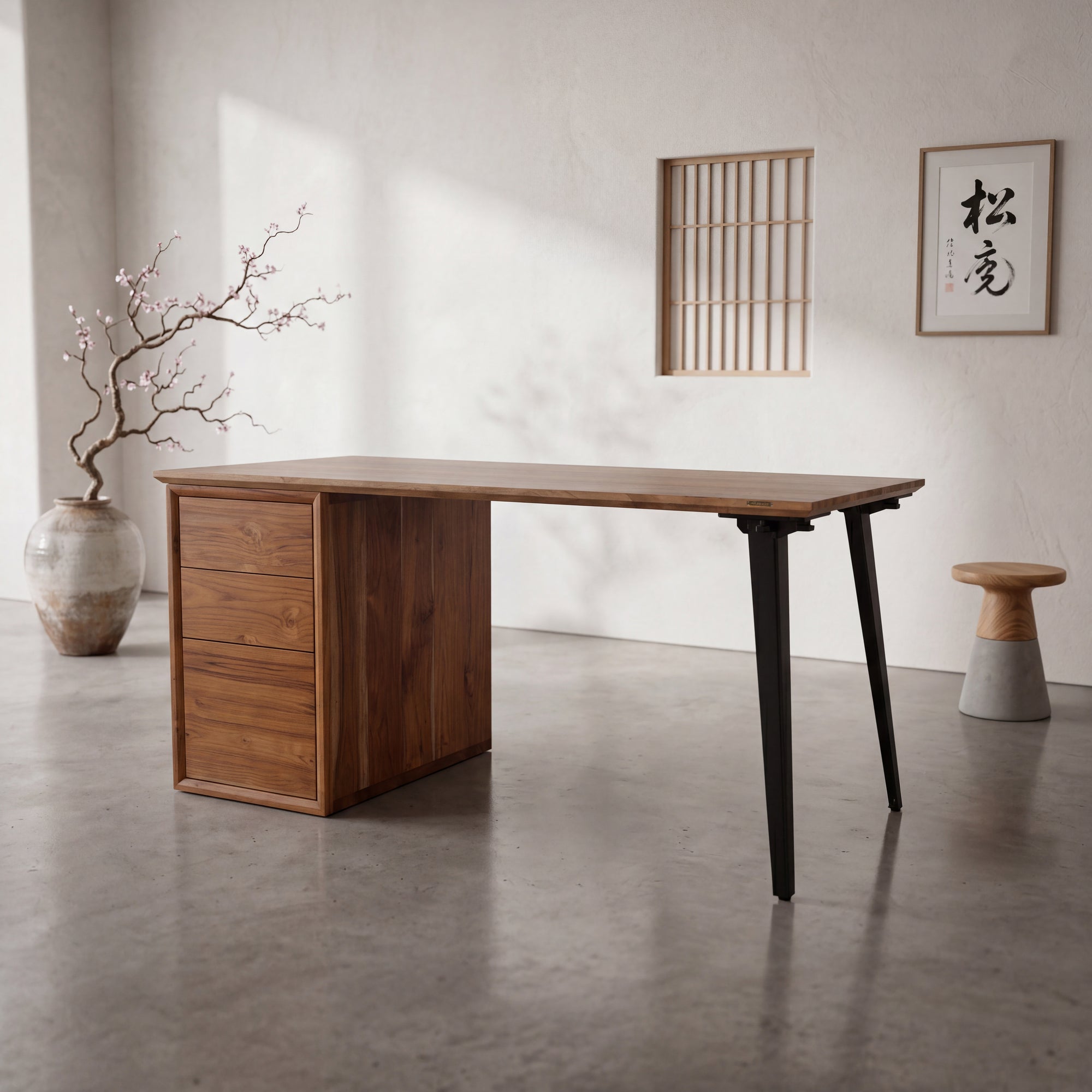 Takeshi Desk Pro with Storage Unit - Left Side (5x2.5 feet) - Solid Teak