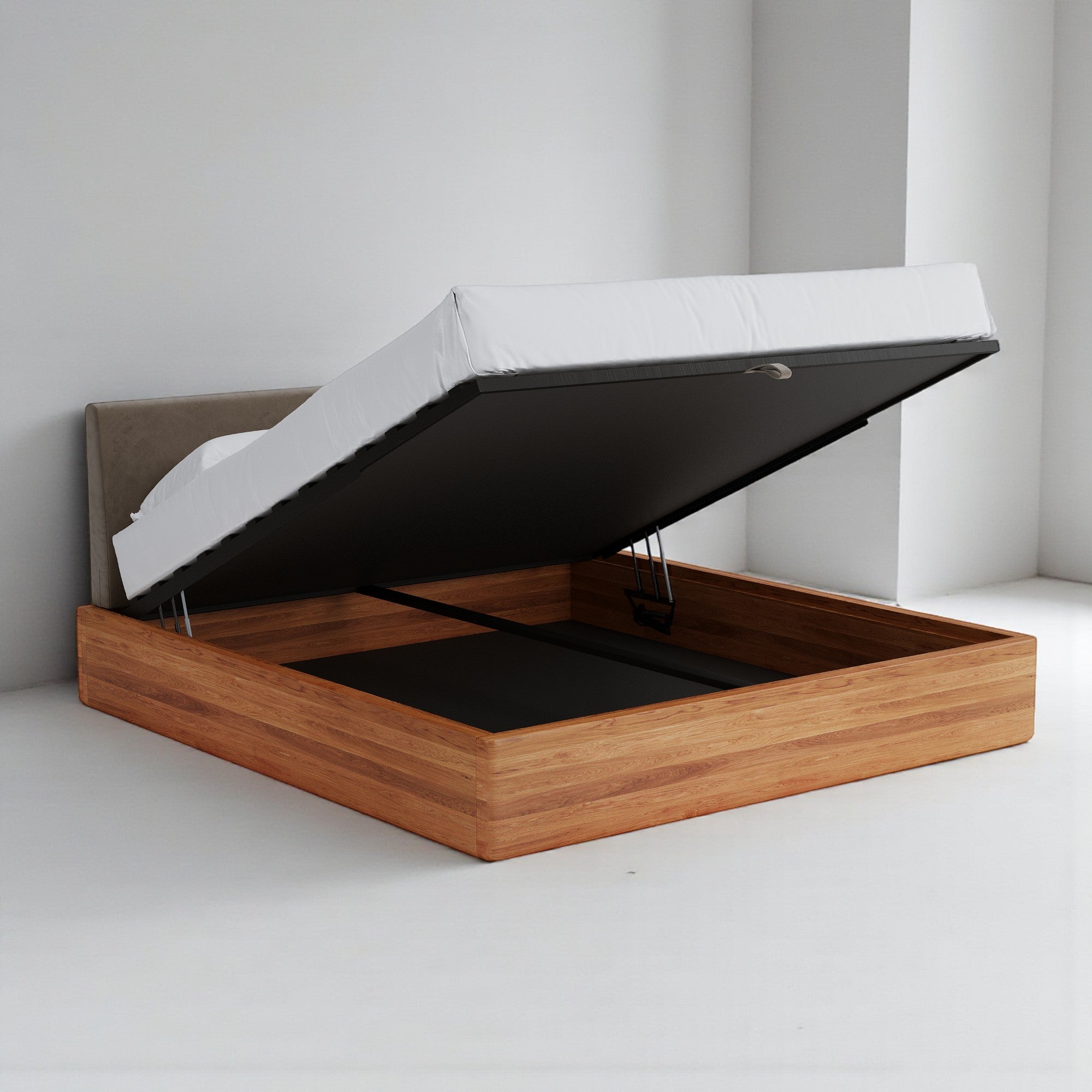 Aari Bed (Built-in Storage) - Solid Teak/Walnut/Oak Wood (Queen)